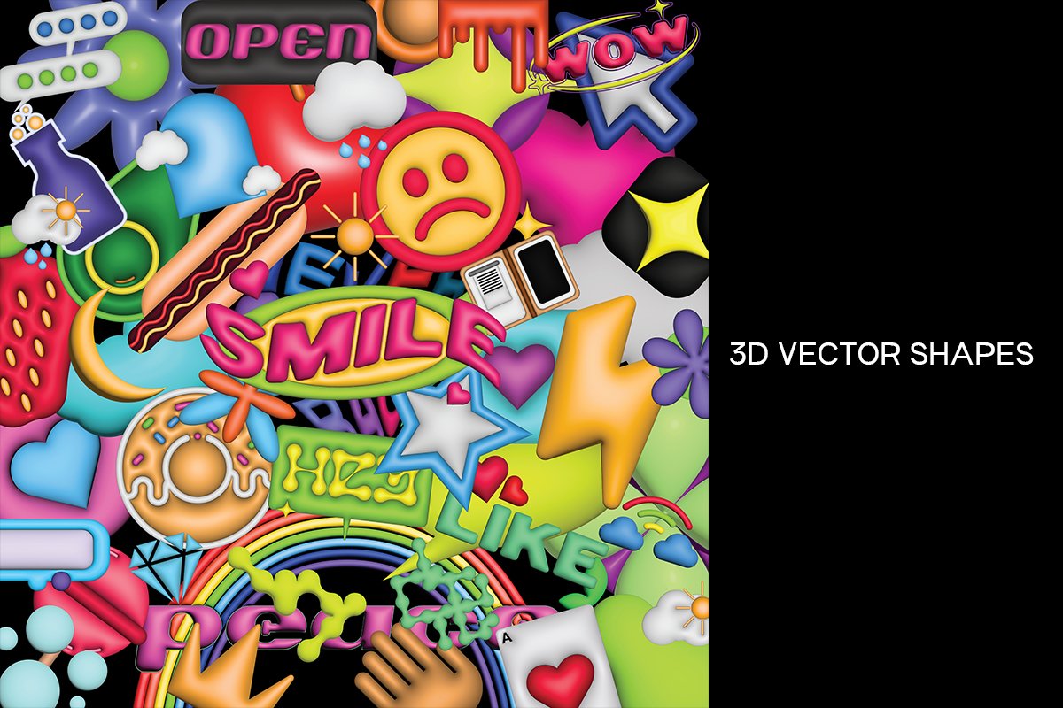Saintricchi 50个趣味3D食物笑脸形状海报封面图形贴纸 3D Vector Shapes（7487） -