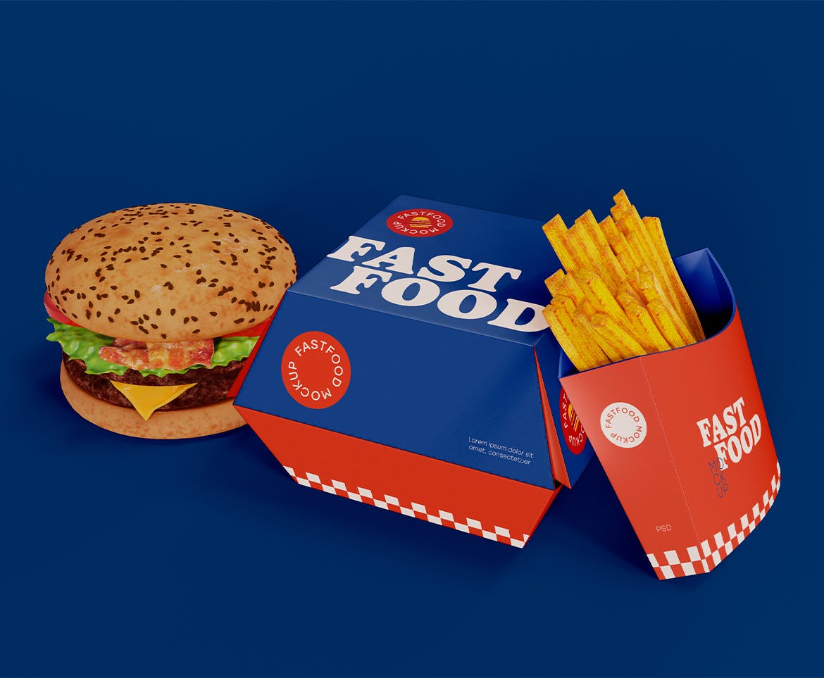 汉堡薯条食品包装设计样机图 Fast Food Mockup