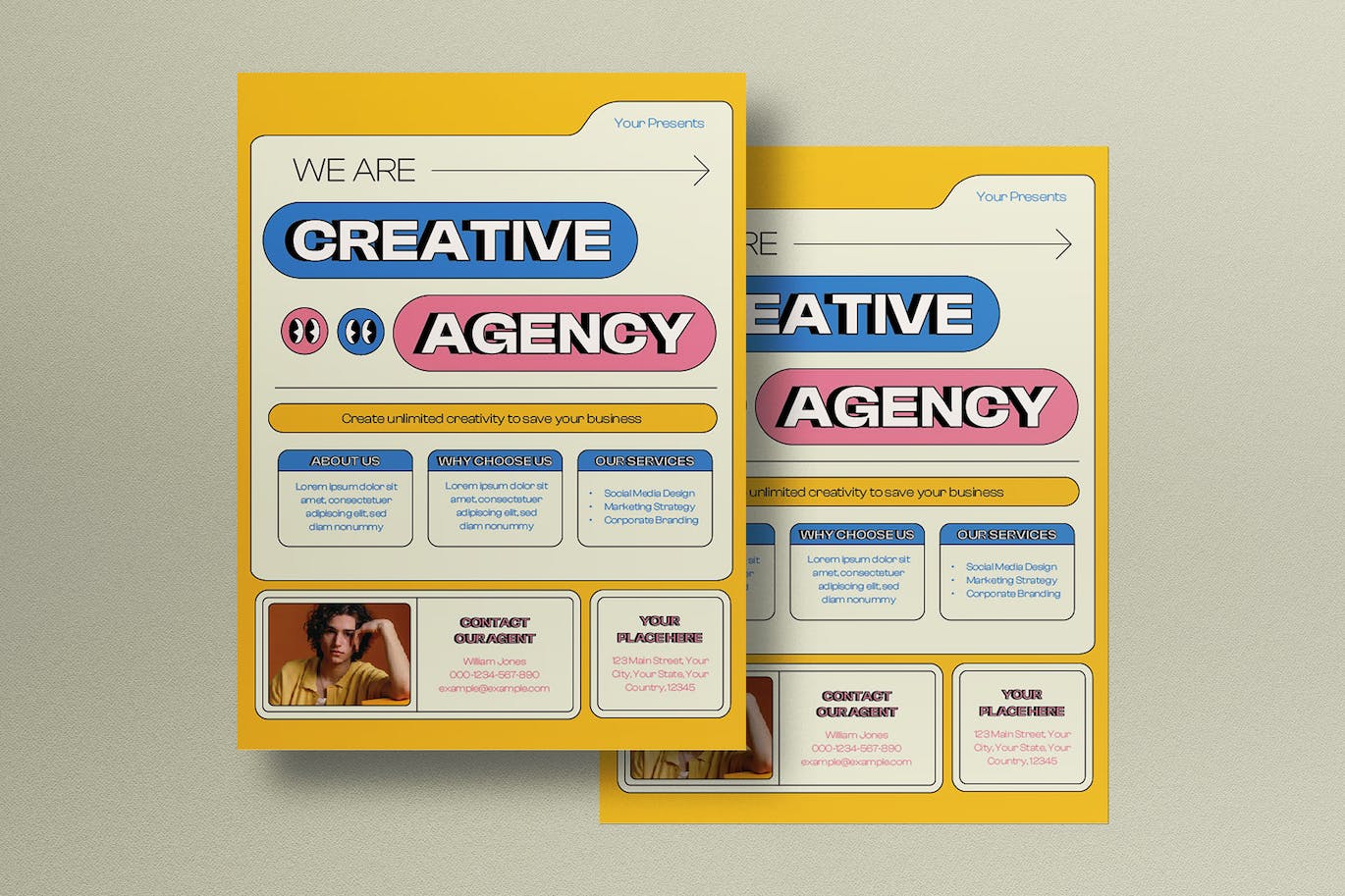黄色扁平设计商业创意机构海报传单设计模板 Yellow Flat Design Business Creative Agency Flyer