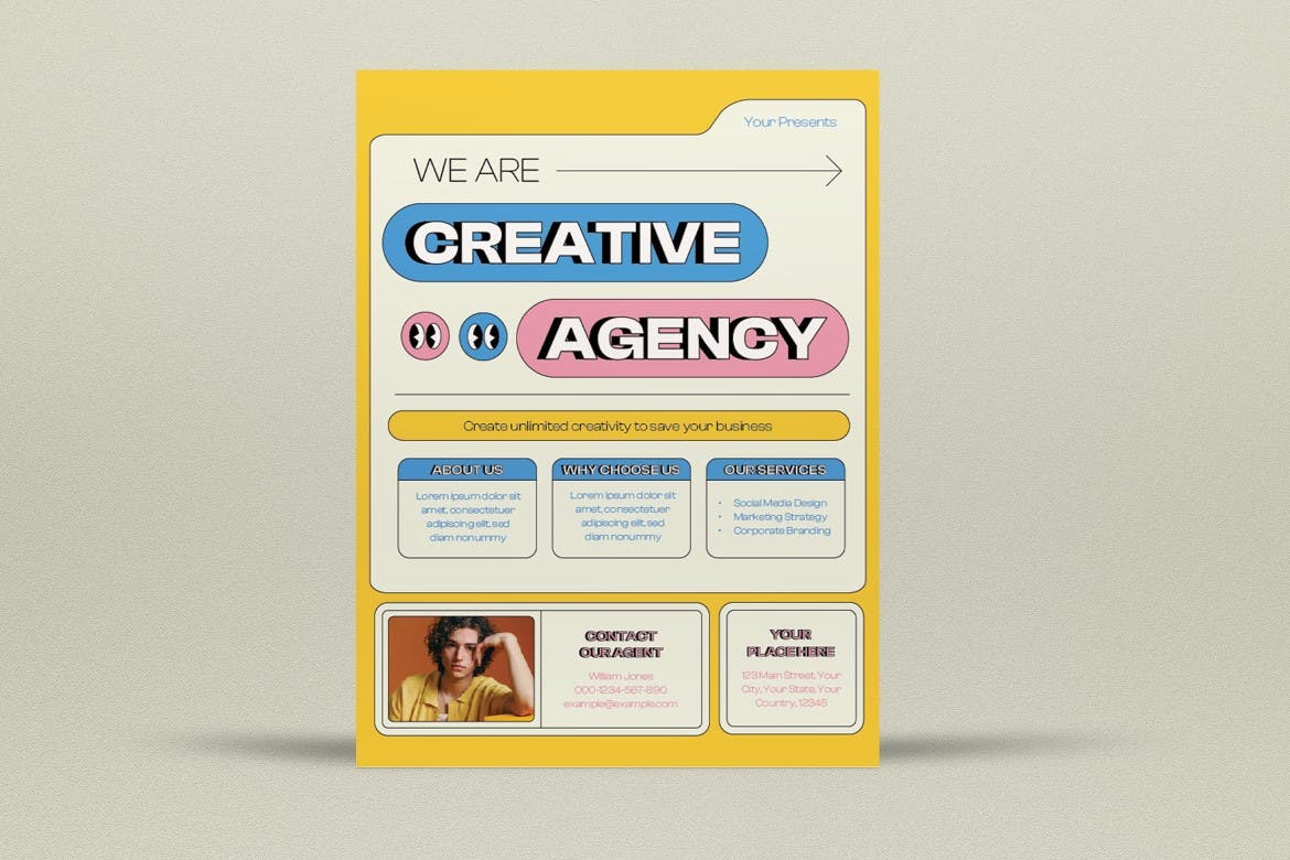 黄色扁平设计商业创意机构海报传单设计模板 Yellow Flat Design Business Creative Agency Flyer