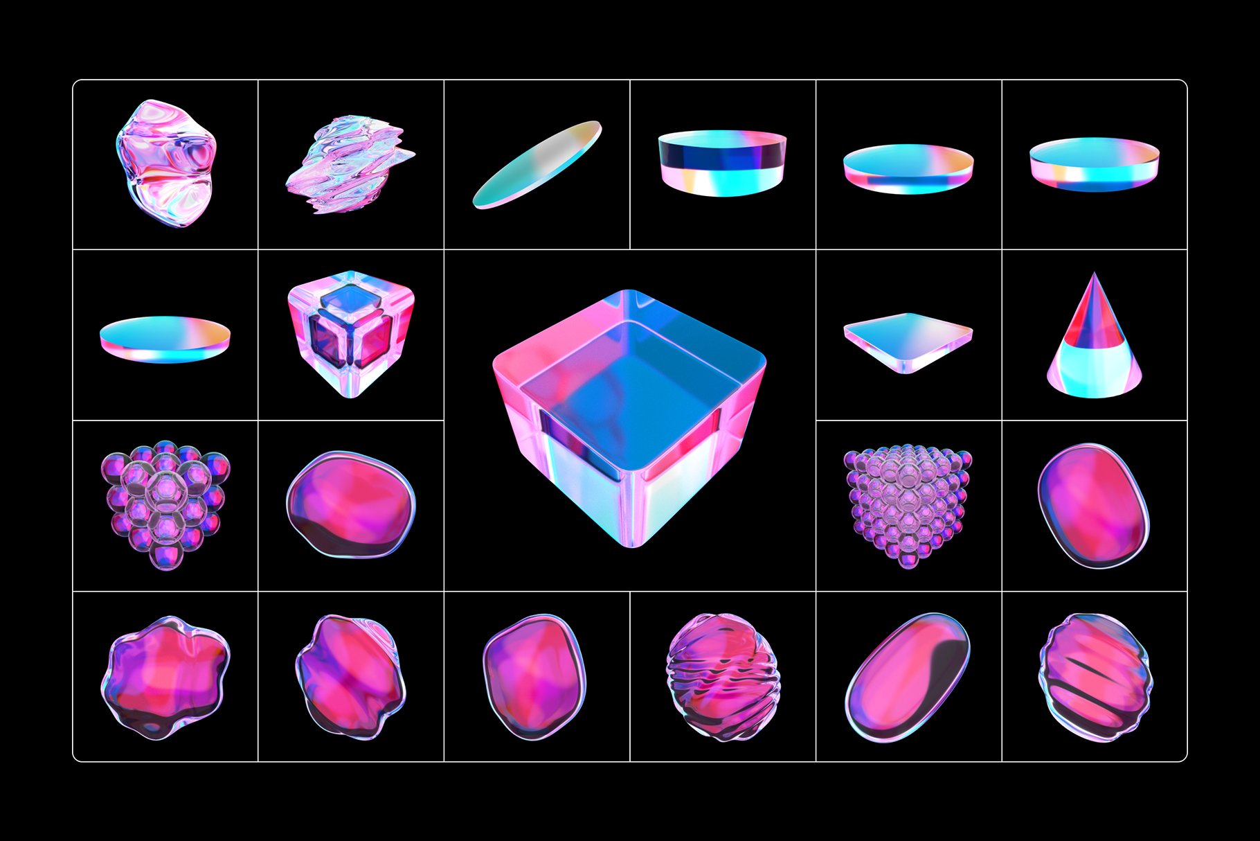 90款3D流体透明水晶玻璃抽象几何渐变形状艺术海报封面网页设计社交媒体包装PNG设计图形 Fluid Glass 3D Shapes -