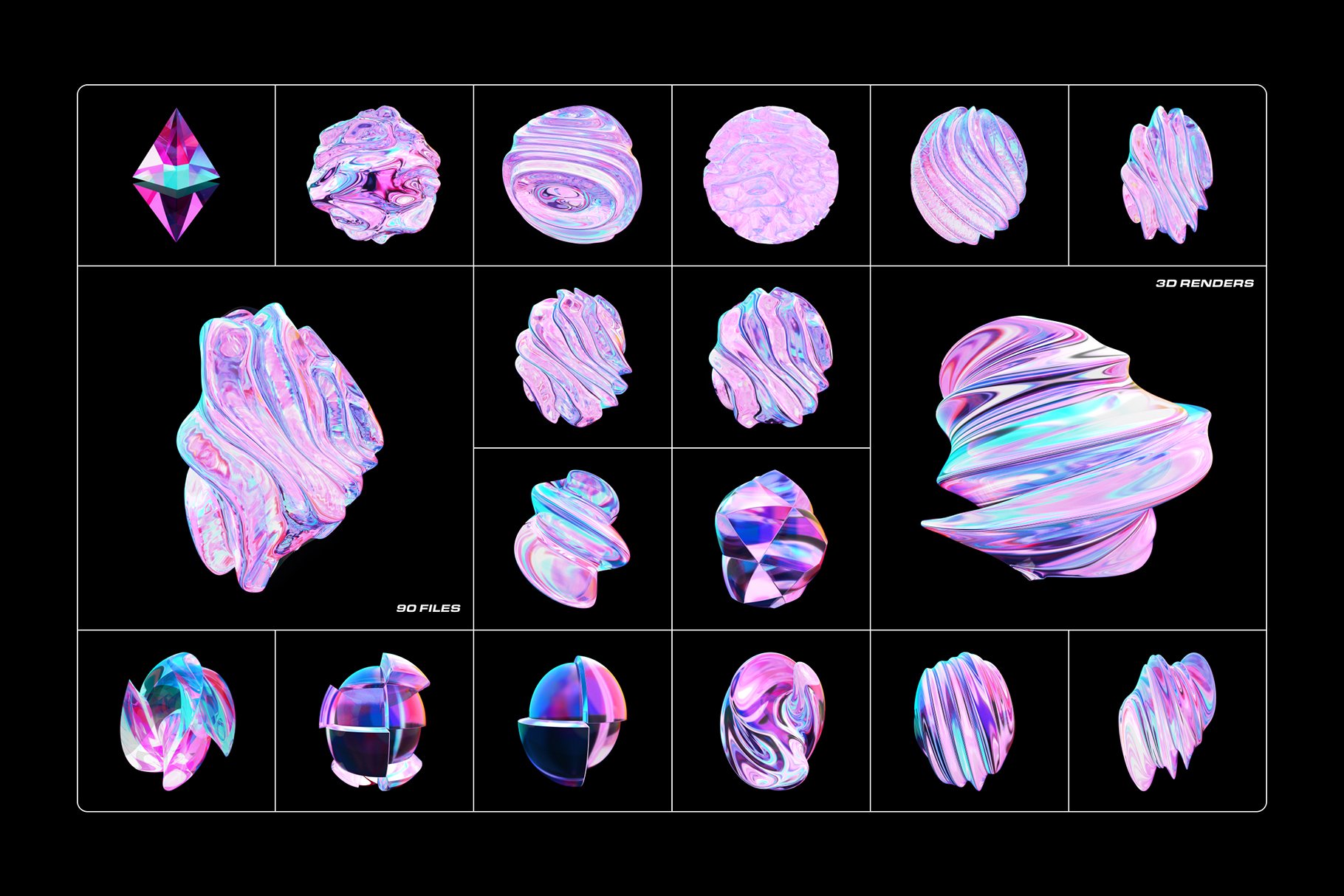 90款3D流体透明水晶玻璃抽象几何渐变形状艺术海报封面网页设计社交媒体包装PNG设计图形 Fluid Glass 3D Shapes -