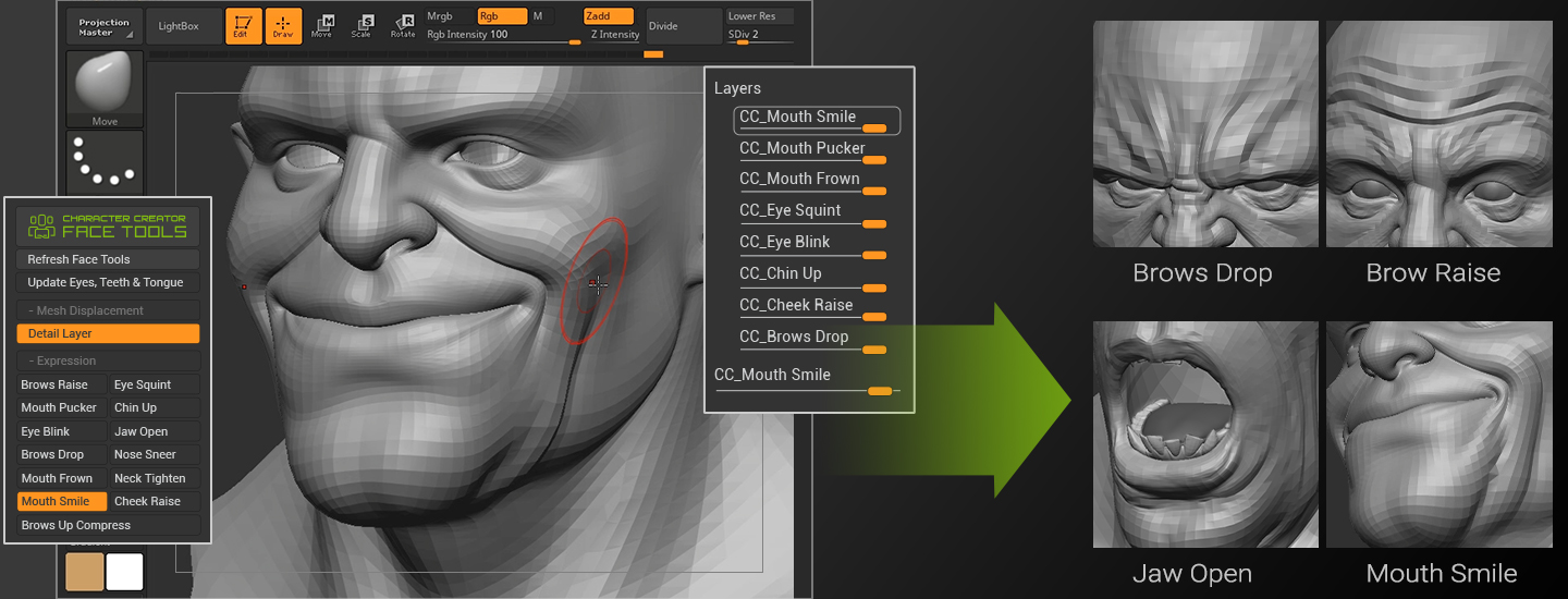 Character Creator 4 无缝创建三维脸部模型动画工具插件 ZBrush Face Tools v1.01破解版（9522） -