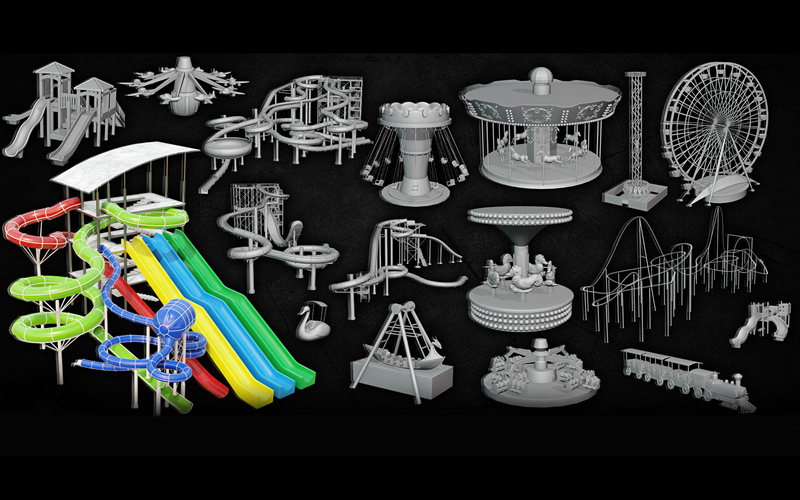 Blender游乐园设备建筑物3D模型滑梯旋转木马摩天轮飞马基础白模_