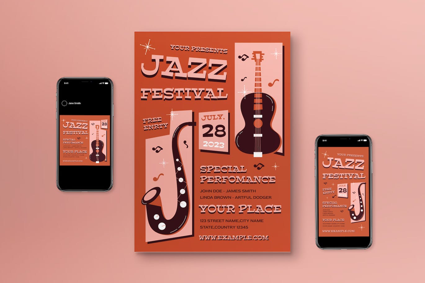 棕色中世纪爵士音乐节海报传单设计模板 Brown Mid Century Jazz Festival Flyer Set
